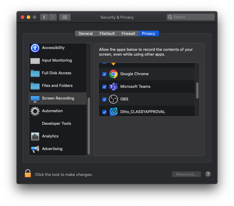 Make sure OBS is checked in the Screen recording permissions!